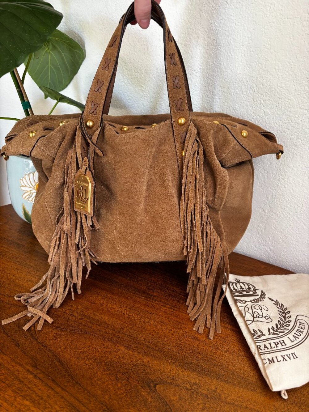 Authentic Lauren Ralph Lauren Brown Suede Fringe Tote Handbag